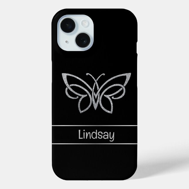 Personalised Tribal Butterfly Silver Glitter Black Case-Mate iPhone Case (Back)