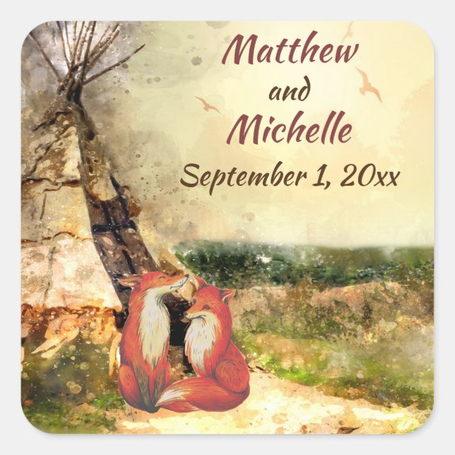 Personalised Tribal Tipi and Foxes Teepee Wedding Square Sticker (Front)