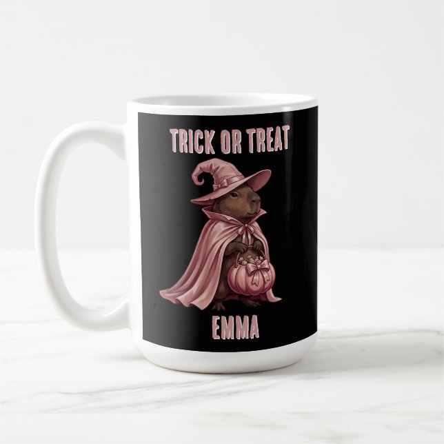 Personalised Trick or Treat Capybara Witch Cape Coffee Mug (Left)