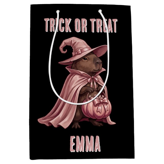 Personalised Trick or Treat Capybara Witch Cape Medium Gift Bag (Front)