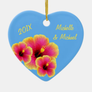 Personalised Tropical Blue Wedding Hibiscus Ceramic Tree Decoration