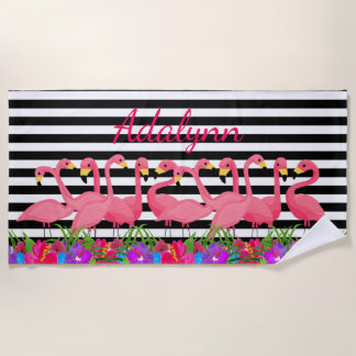 Personalised Tropical  Flamingo and Stripes Beach Towel