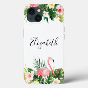 Personalised Tropical Floral Flamingo Tough iPhone 13 Case