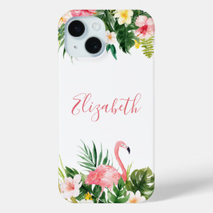 Personalised Tropical Floral Pink Flamingo iPhone 15 Case