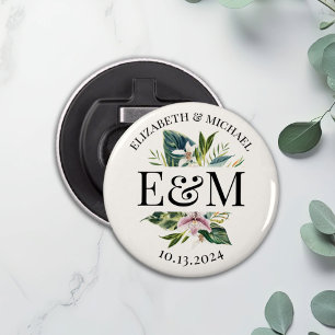 Personalised Tropical Floral Wedding Favour Button Bottle Opener