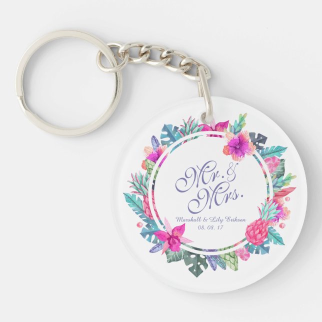 Personalised Tropical Floral Wedding Keychain (Front)