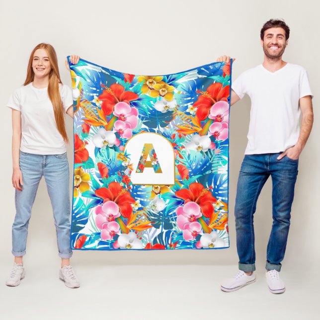 Personalised Tropical Flower Monogram EDIT INITIAL Fleece Blanket (In Situ)