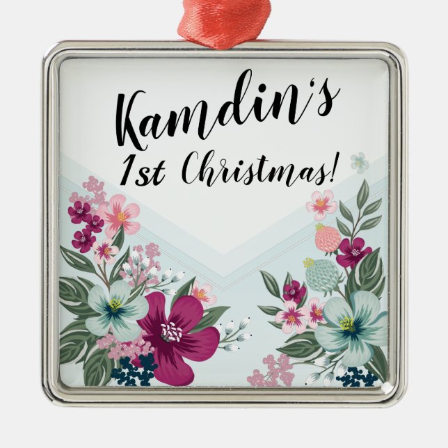 Personalised Tropical Flower on Blue Ombre Metal Tree Decoration (Front)
