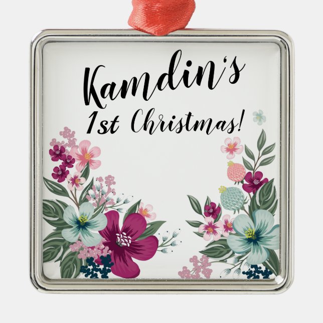 Personalised Tropical Flower on White Metal Tree Decoration (Front)