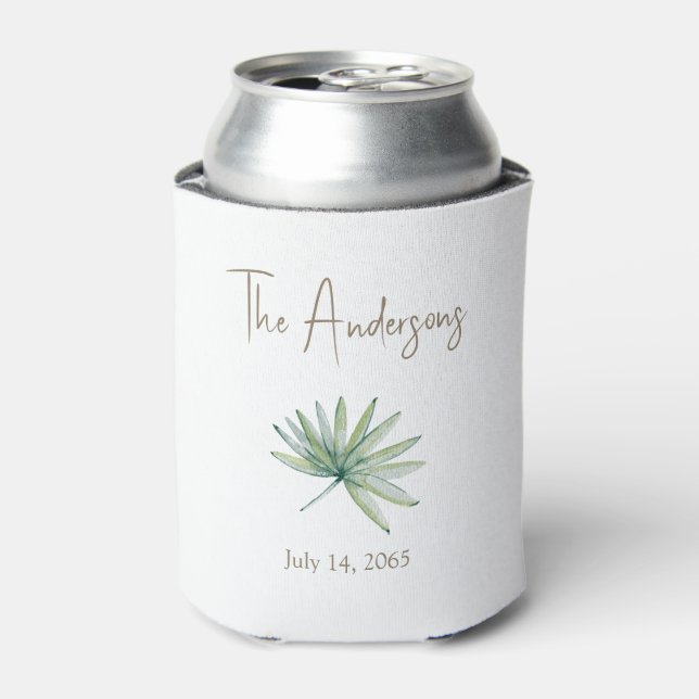 Personalised Tropical Greenery Wedding Favour Can Cooler (Can Front)