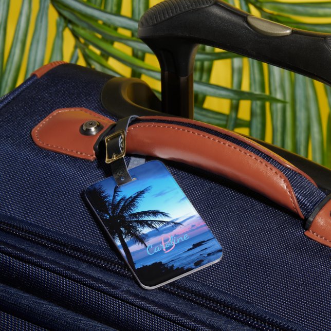 Personalised Tropical Island Beach Ocean Sunset Luggage Tag (Front Insitu 1)