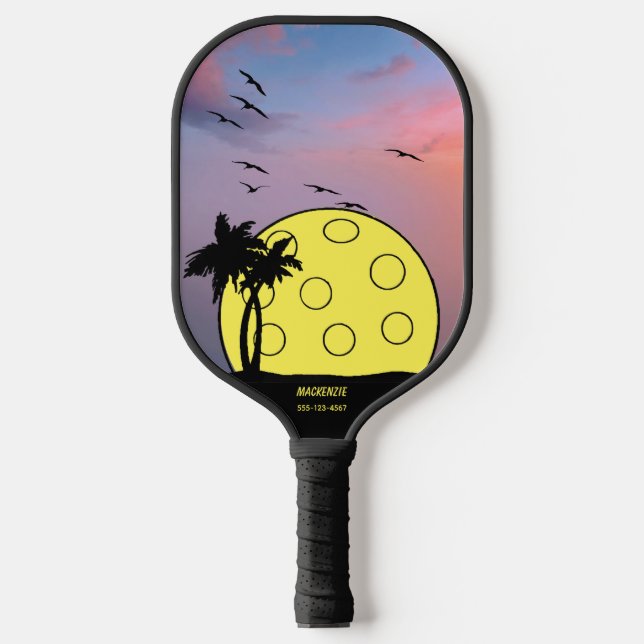Personalised Tropical Palm Tree Ball Name Phone # Pickleball Paddle (Front)