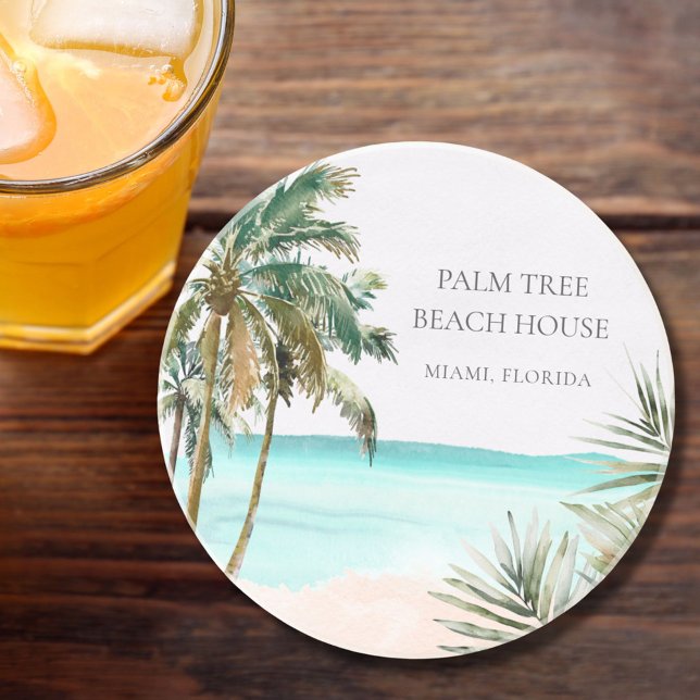 Personalised Tropical Palm Tree Leaves Blue Beach Coaster (In situ)
