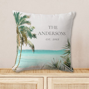 Personalised Tropical Palm Tree Leaves Blue Beach Cushion