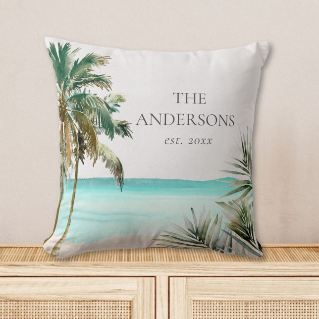 Personalised Tropical Palm Tree Leaves Blue Beach Cushion (In situ)