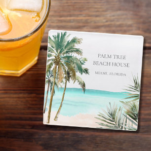 Personalised Tropical Palm Tree Leaves Blue Beach Glass Coaster