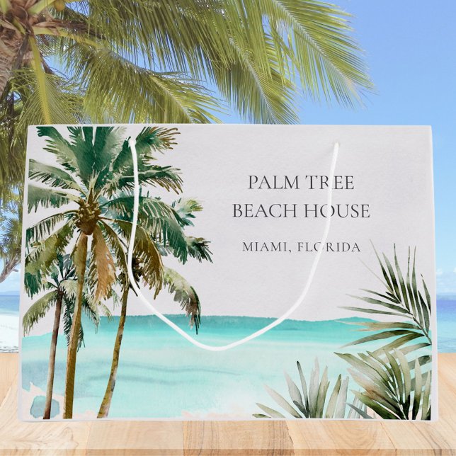 Personalised Tropical Palm Tree Leaves Blue Beach Large Gift Bag (In situ)