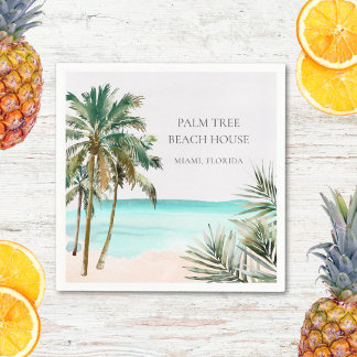 Personalised Tropical Palm Tree Leaves Blue Beach Napkin