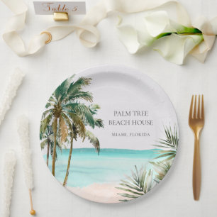 Personalised Tropical Palm Tree Leaves Blue Beach Paper Plate