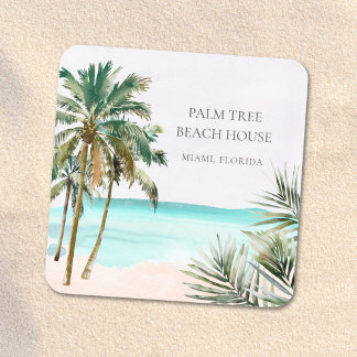 Personalised Tropical Palm Tree Leaves Blue Beach Square Sticker