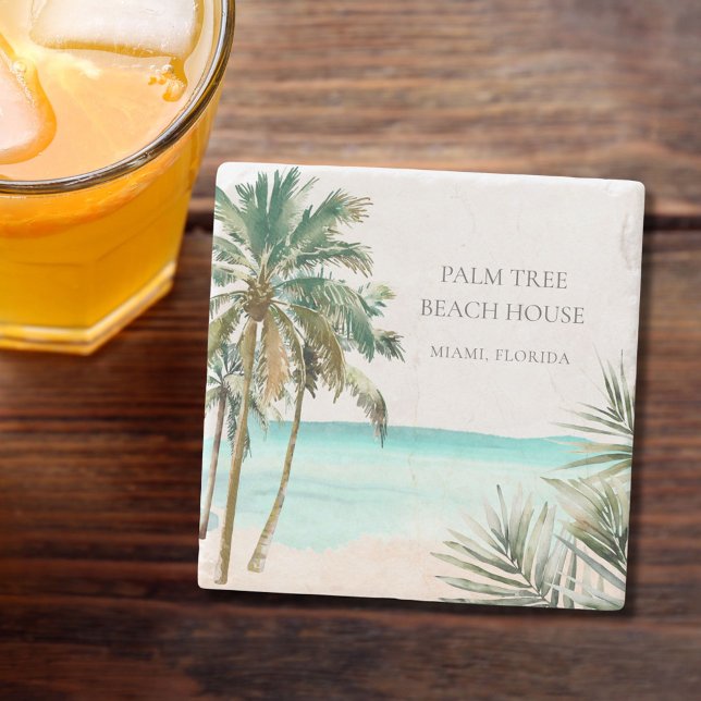 Personalised Tropical Palm Tree Leaves Blue Beach Stone Coaster (In situ)