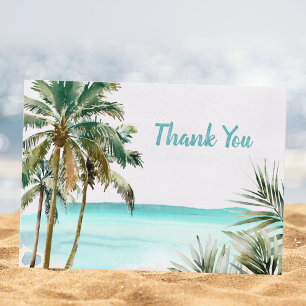 Personalised Tropical Palm Tree Leaves Blue Beach Thank You Card