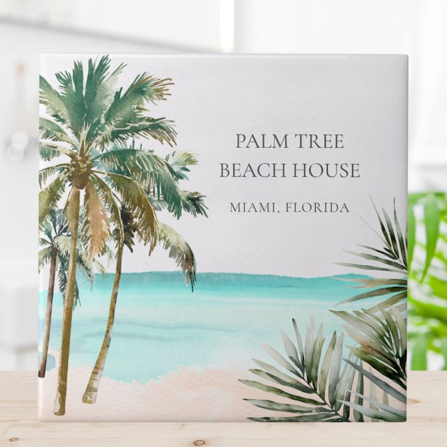 Personalised Tropical Palm Tree Leaves Blue Beach Tile (In situ)