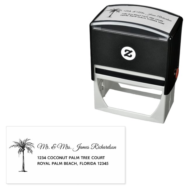Personalised Tropical Palm Tree Modern Script Self-inking Stamp (In Situ)