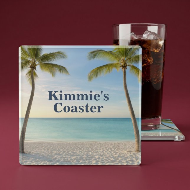 Personalised Tropical Palm Trees Beach Paradise Glass Coaster (Creator Uploaded)