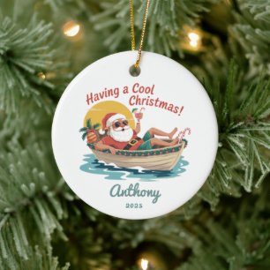 Personalised Tropical Santa Christmas Ceramic Tree Decoration