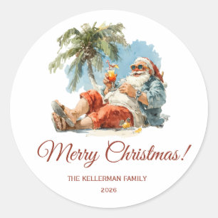 Personalised Tropical Santa Christmas Classic Round Sticker