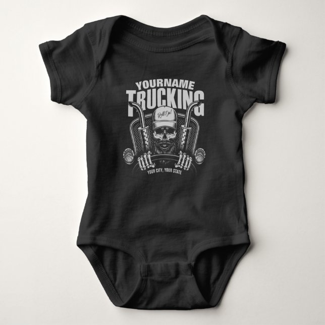 Personalised Trucking Skull Trucker Big Rig Truck Baby Bodysuit (Front)