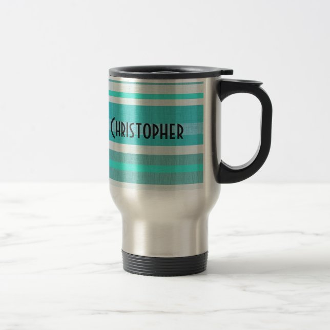 Personalised Turquoise Aqua Stripe Pattern Travel Mug (Right)