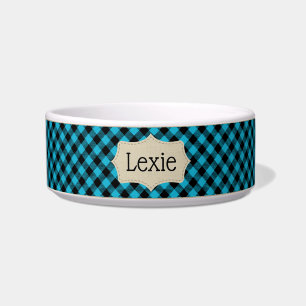 Personalised Turquoise Blue and Black Plaid Pet Bowl