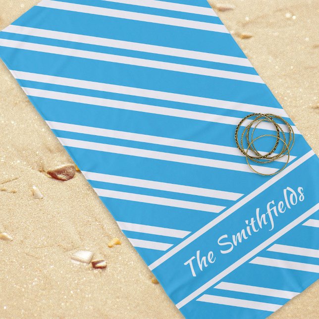 Personalised Turquoise Blue and White Stripes Beach Towel (Creator Uploaded)