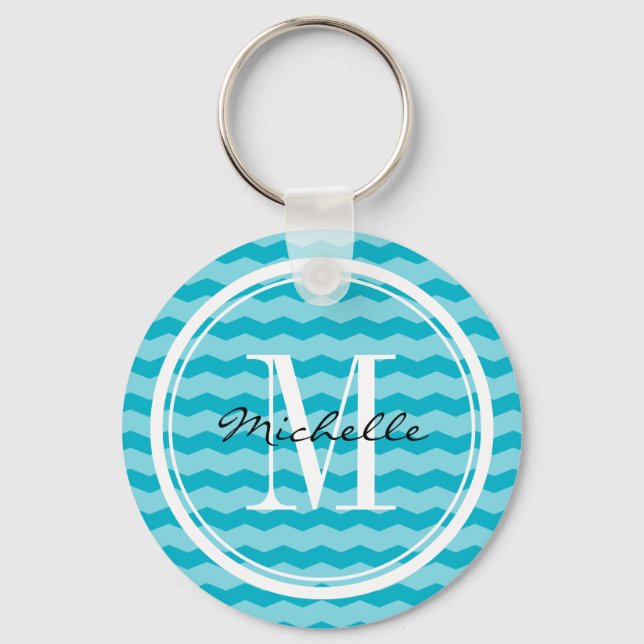 Personalised turquoise chevron pattern key chain (Front)