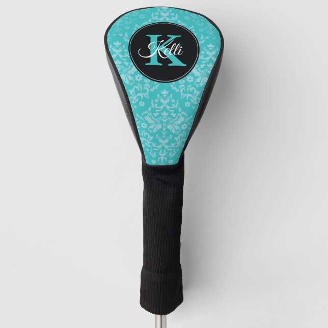 Personalised Turquoise Damask Monogram  Golf Head Cover (Front)