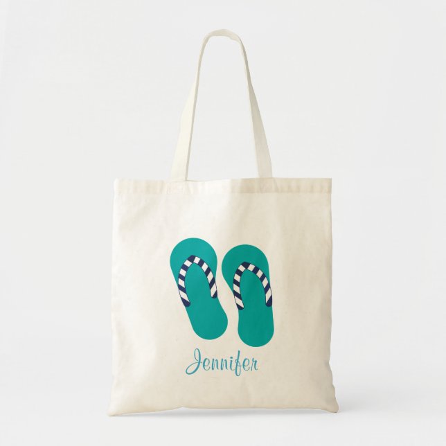 Personalised Turquoise Flip Flop Sandals Tote Bag (Front)