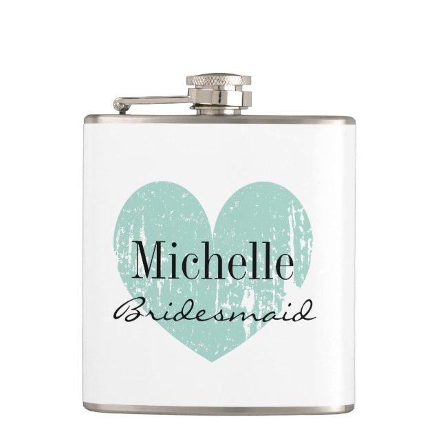 Personalised turquoise heart flask for bridesmaid (Front)