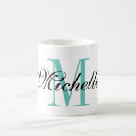 Personalised turquoise name monogram coffee mug<br><div class="desc">Design your own personalised name monogram mug. Cute monogrammed coffee mug design. Cute typography Birthday or wedding favour gift idea for men, women, kids, friends and family. Stylish elegant script typography. Custom colour for name initial letter. ie turquoise blue and white. Unique coffeemugs also available as large oversized cups and...</div>