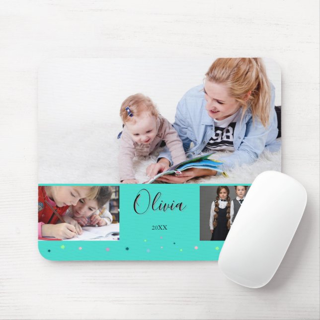 Personalised Turquoise School Photo Collage Name Mouse Pad (With Mouse)