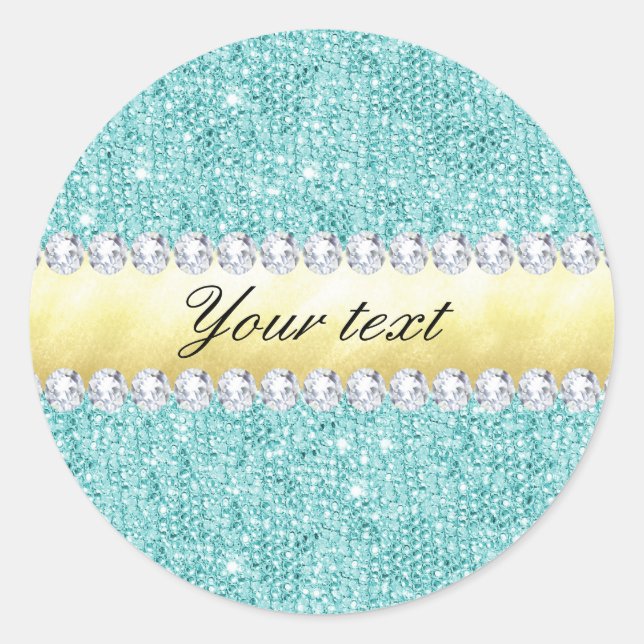 Personalised Turquoise Sequins Gold Diamonds Classic Round Sticker (Front)