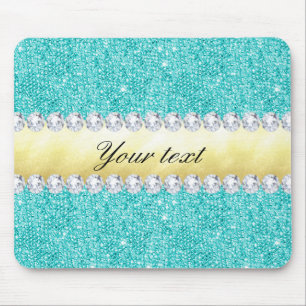 Personalised Turquoise Sequins Gold Diamonds Mouse Pad