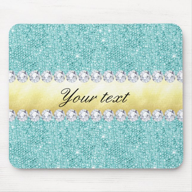 Personalised Turquoise Sequins Gold Diamonds Mouse Pad (Front)