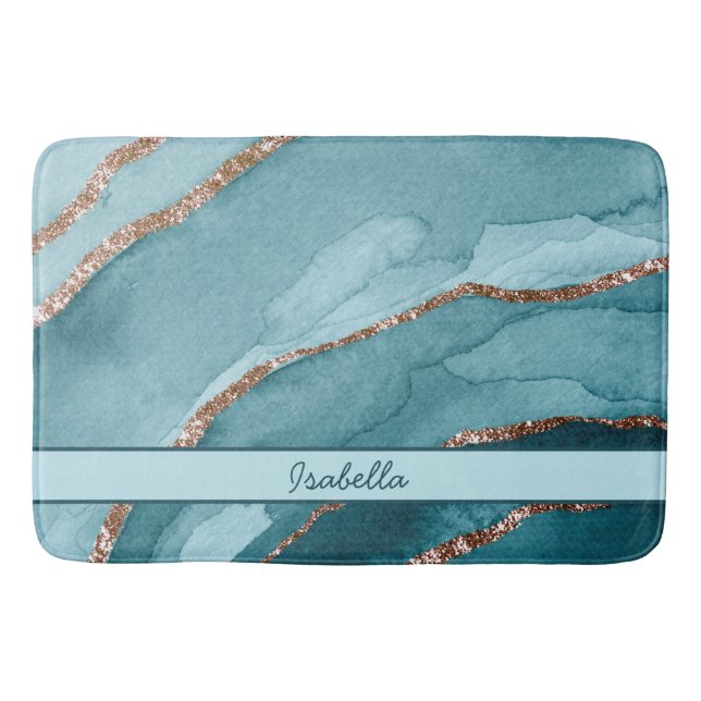 Personalised Turquoise Teal Gold Marble Agate Bath Mat (Front)