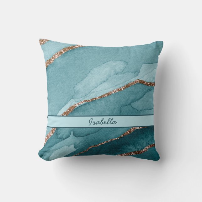 Personalised Turquoise Teal Gold Marble Agate Cushion (Front)