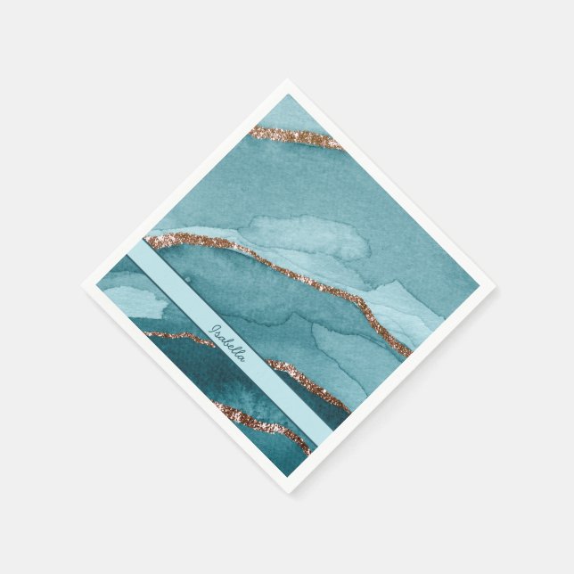 Personalised Turquoise Teal Gold Marble Agate Napkin (Corner)
