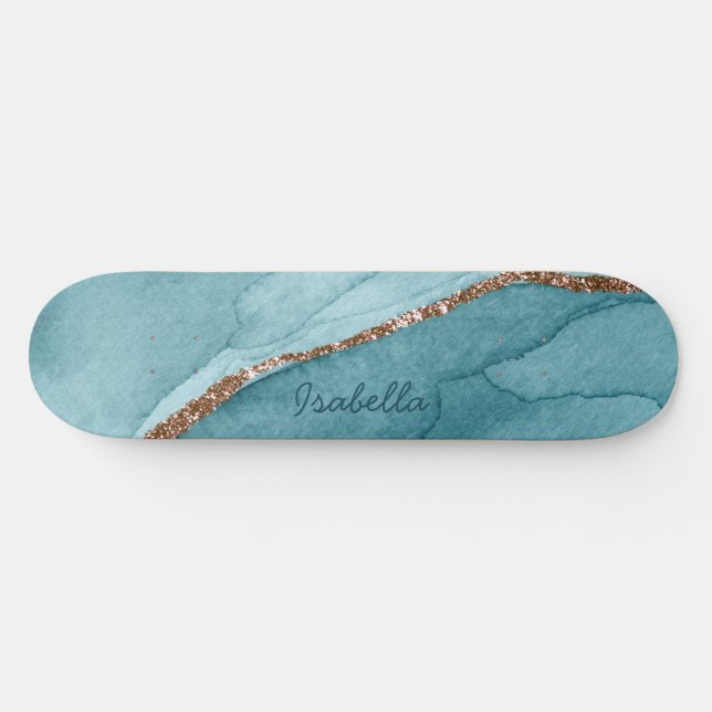 Personalised Turquoise Teal Gold Marble Agate Skateboard (Horz)