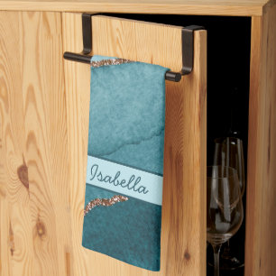 Personalised Turquoise Teal Gold Marble Agate Tea Towel