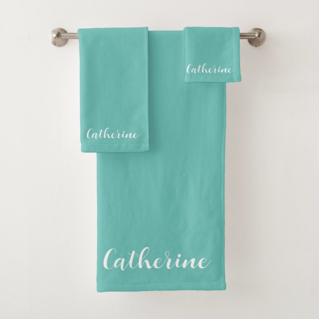 Personalised Turquoise Towels Set with Name  (Insitu)